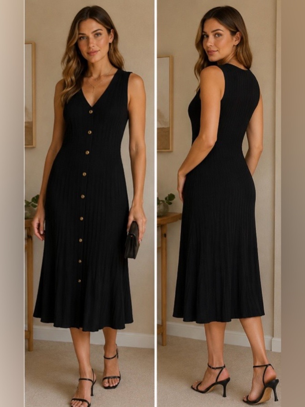 Tahari Sleeveless Black Button-Front Knit Maxi Dress